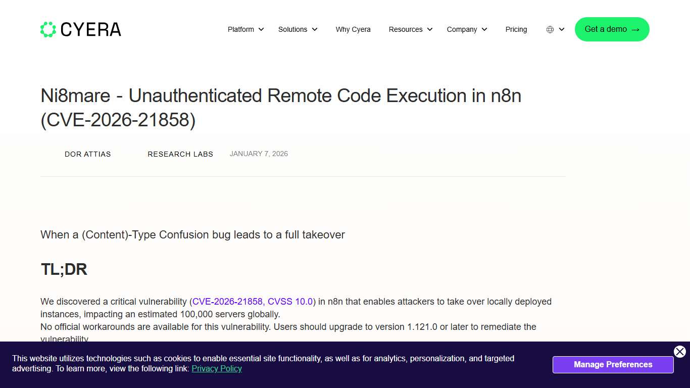 Ni8mare  -  Unauthenticated Remote Code Execution in n8n (CVE-2026-21858) Cyera Research Labs