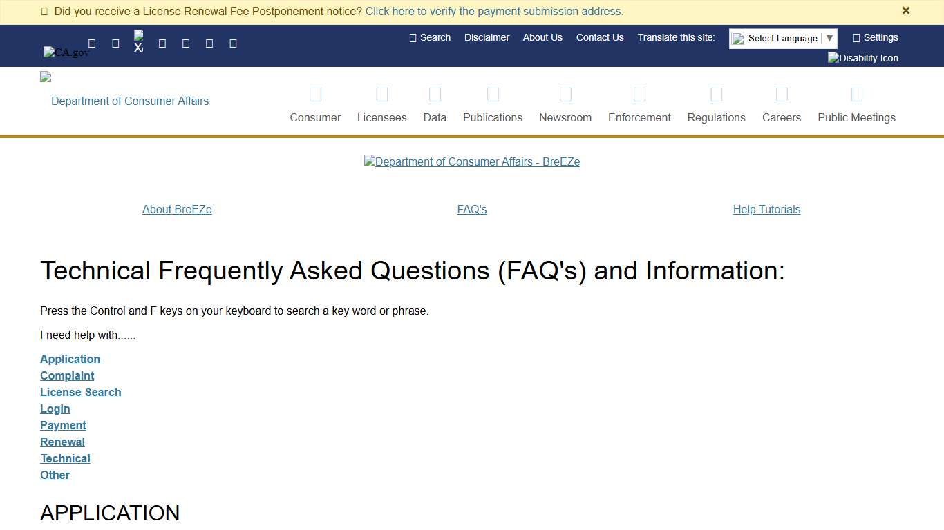 BreEZe - Technical Frequently Asked Questions - California Department of Consumer Affairs